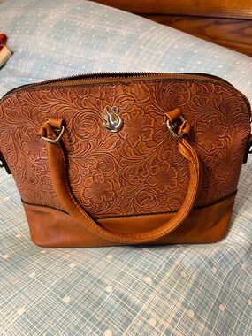 Embossed Floral Satchel Bag - Brown